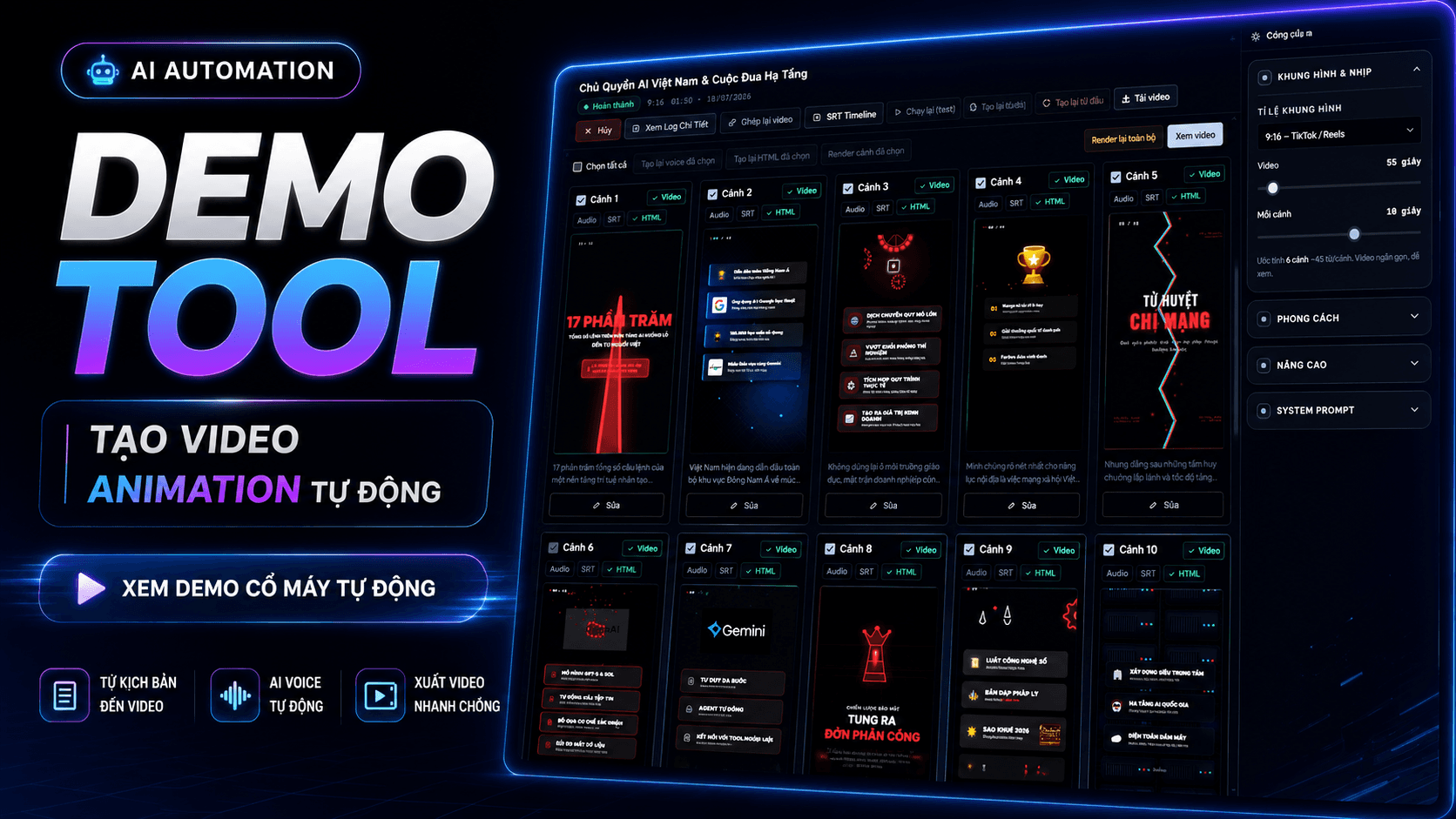 Demo giao diện công cụ tạo video animation tự động
